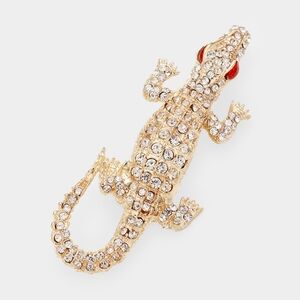 Gold Crocodile Alligator Pave Crystal 2.75" Brooch Pin Rhinestone Bling